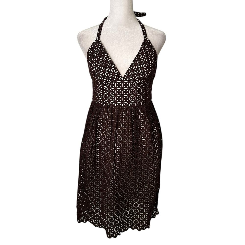 Milly brown & white floral eyelet halter mini dress size 4